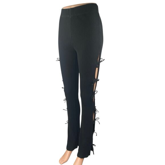 White Fox Women's Black Rib Knit Cutout Knot Side Flared Trousers Pants Size S - Picture 1 of 6